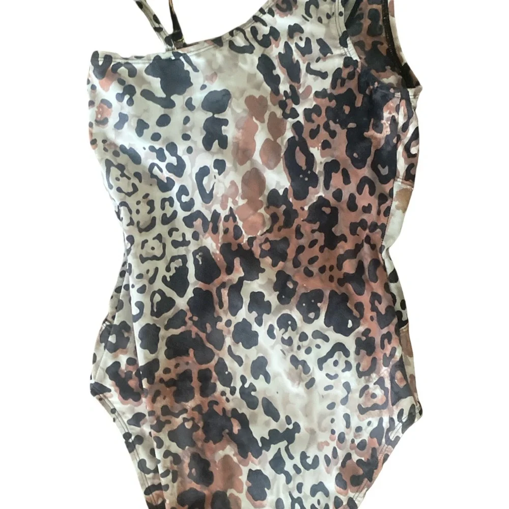 Beyond Control Leopard Print One-Shoulder Swimsuit-8 brown tan.  Poly spandex
